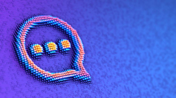 istock Chat speech bubble icon on the digital futuristic blue background. 3d Illustration with bright colors and pixelated technology. 2203087636