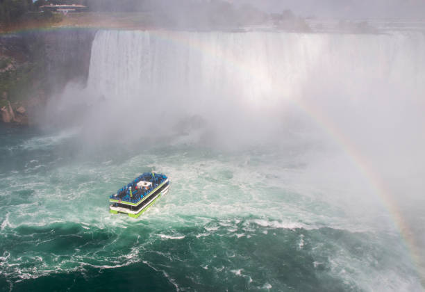 istock Tour Boat Navigating Through Mist Near Niagara Falls With a Rainbow in the Background 2203087680