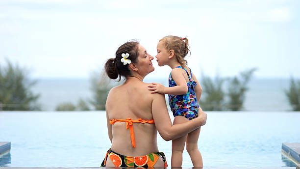 istock Mother and daughter sit on pool edge framed by lush tropical view 2203095319