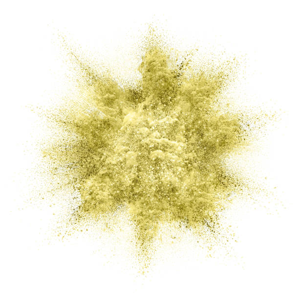 istock Gold glitter explosion, golden sparkle background. Glittery shimmer glow of gold particle powder splash on white background 2203095963