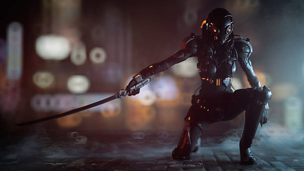 istock 3d render science fiction cyborg female kneeling on one knee holding a katana in one hand. 2203096847