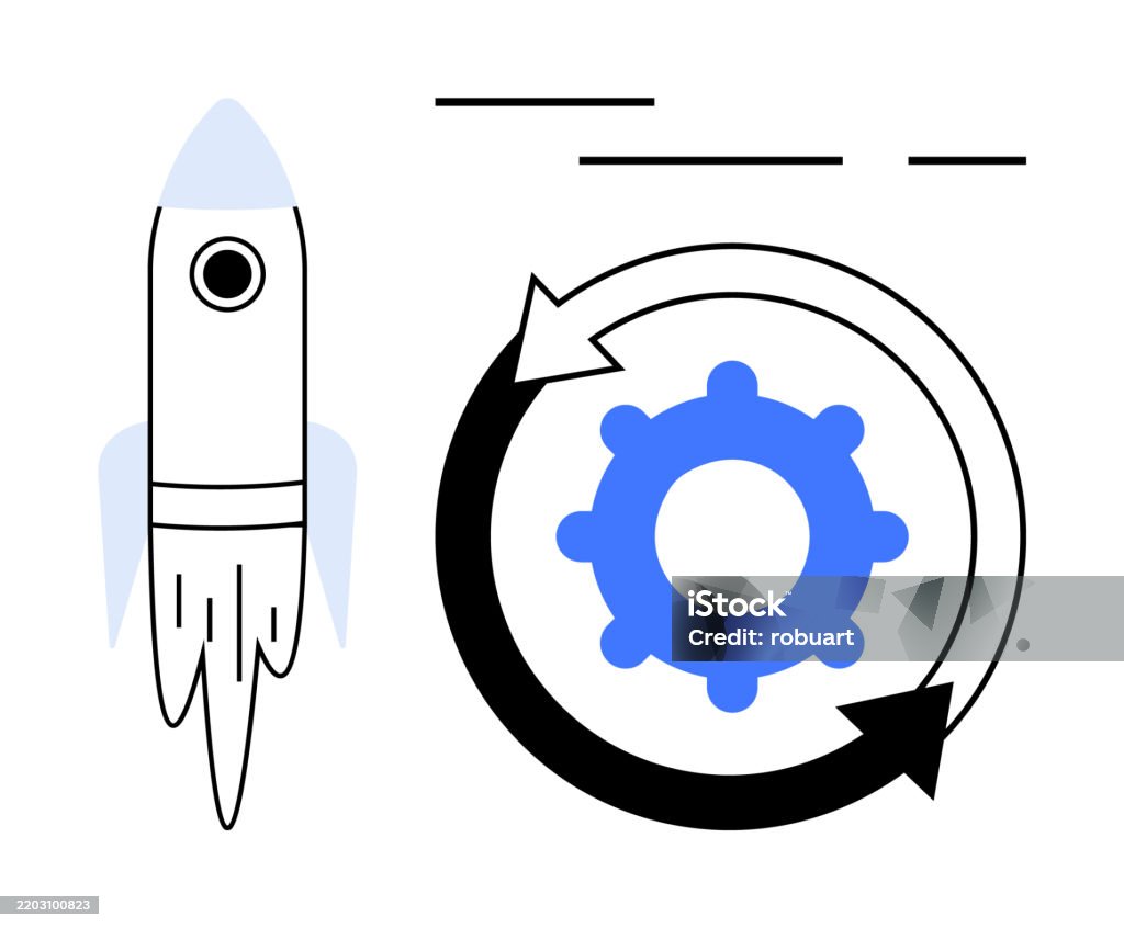 Automation Rocket Icon Rocket Launch And Process Cycle With Gear Symbol And Arrows Stock ...