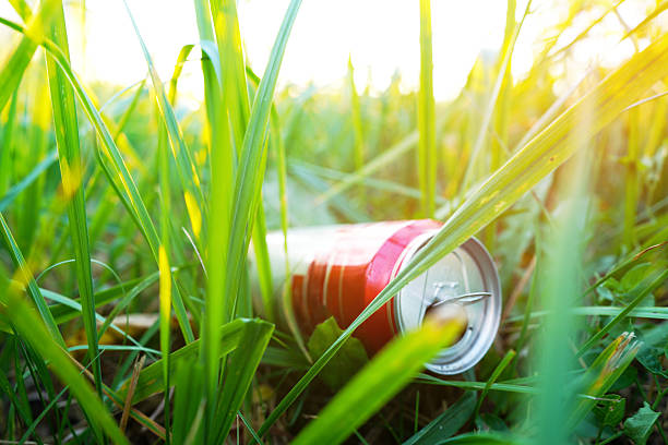 istock Soda can thrown away in grass. Garbage can in nature, reusable. 2203111251