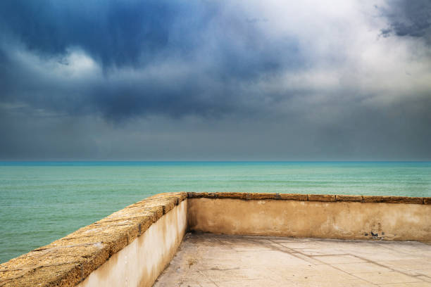 Sea view from Penang Island's Esplanade with a concrete seawall. Travel wallpaper.