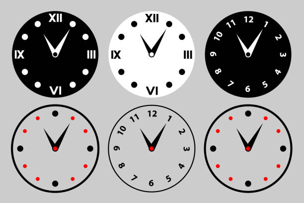 istock retro style round clock with hands, dial with Roman and Arabic numerals 2203114081