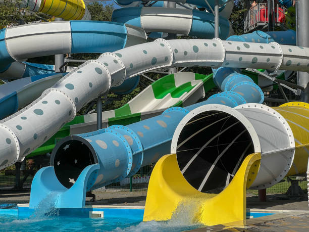 istock Colorful waterslides emptying into swimming pool at water park 2203121068