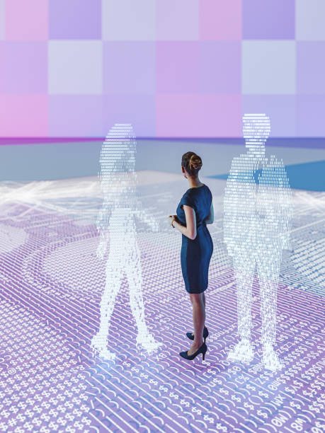 istock Businesswoman in VR environment talking to avatars 2203130841