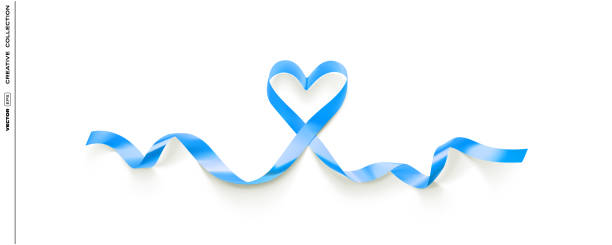istock Blue ribbon in heart shape on transparent background. Realistic vector design for Father's Day. Blue tinsel ribbon for boy birthday, baby shower, his men's day or romantic decoration of ribbon heart 2203132592