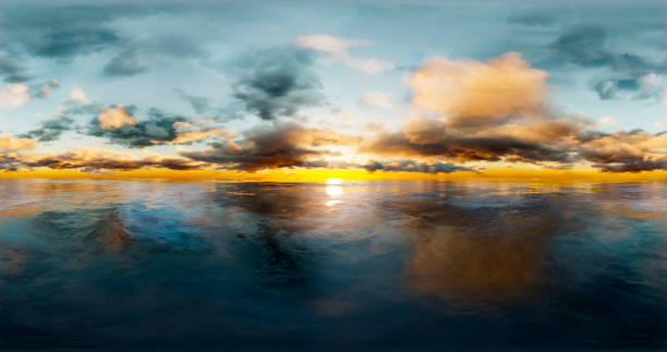3D rendering. Blue sky with clouds at sunset or sunrise. Environment 360 HDRI MAP. Equivalent projection, spherical panorama.