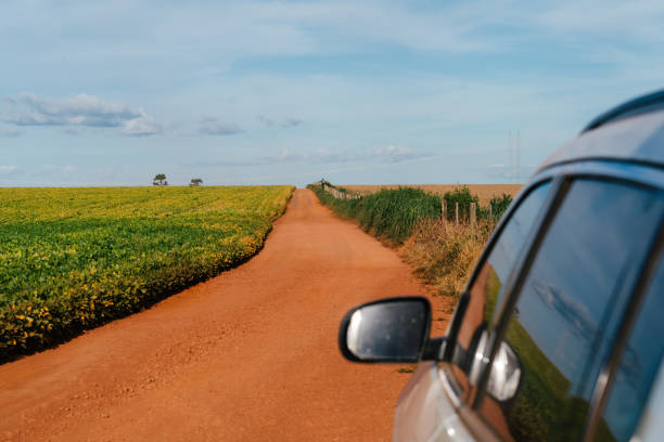 View of a muddy rural road with puddles at sunset, seen from inside a car. Travel concept, countryside journey and peaceful evening atmosphere