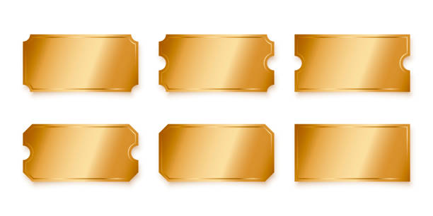 istock Golden tickets isolated on transparent background. Gold coupon, sticker or discount tag mockup. Cinema, theater, concert, party, event, festival invitation entrance. Realistic vector illustrations set 2203139973