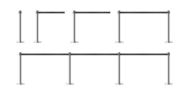 istock Belt barriers with stanchions and black ropes. Set of security control metal pole posts. Airport entry rails, zone chrome dividers, vip barricades. Realistic vector illustrations 2203140248