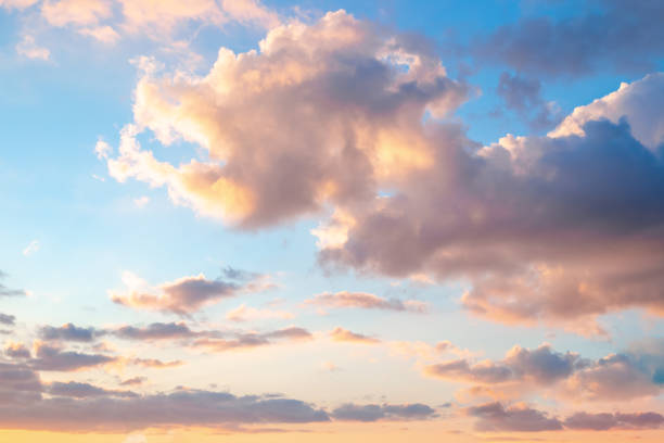 istock Blue sky with clouds and sunset lighting. Natural cloud landscape background 2203150181