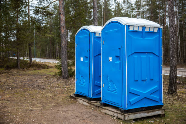 istock Bright Blue Portable Toilets on Wooden Platform in Forested Area 2203150811