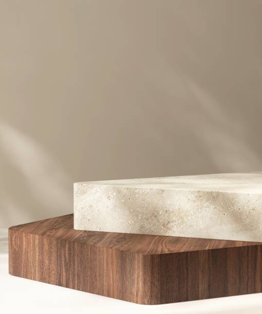istock Two double layer of square cube geometric stone and wood podium table in dappled sunlight on beige brown wall for cosmetic, skincare, body care product podium background 3D 2203152253