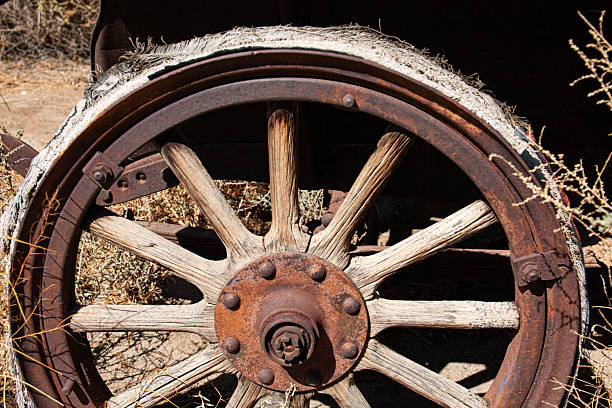 An antique farm wagon wheel serves as a reminder of days gone by.