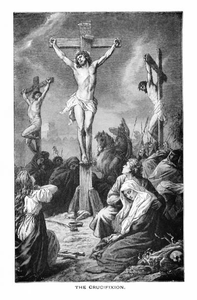 Jesus Christ Crucified between Two Thieves, Bible Theology, Christianity Crucifixion of Jesus Christ on Golgotha Hill outside of Jerusalem in Israel, 30-33 AD. Illustration published 1890. Copyright expired; artwork is in Public Domain. Digitally restored. what mountain was jesus crucified on stock illustrations