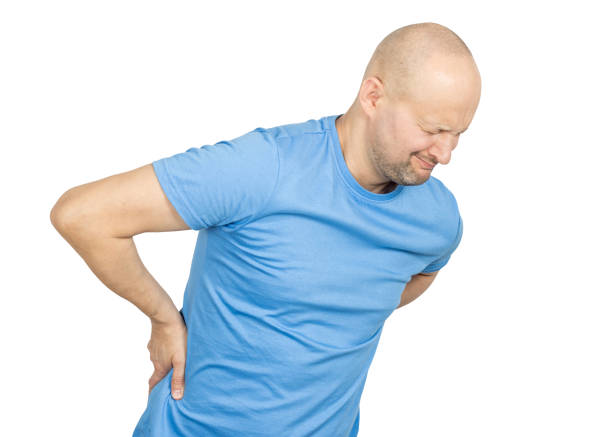 Man experiencing back pain on white background, health care concept