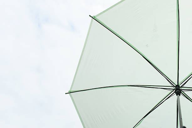 open green umbrella in rainy day with white cloud and blue sky