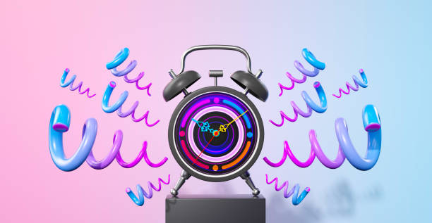 This digitally generated 3D illustration features an abstract and vibrant alarm clock, surrounded by playful and colorful elements, symbolizing energy, creativity, and dynamic motion. The composition emphasizes modern time management concepts, including urgency, deadlines, and routine planning. Its futuristic digital display and bright, multicolored design communicate ideas such as innovation, efficiency, and motivation. Ideal for content related to productivity, business strategy, and creative inspiration, this graphic can be used effectively in marketing campaigns, digital presentations, web interfaces, or any creative project aiming to visually represent dynamic and strategic time management.