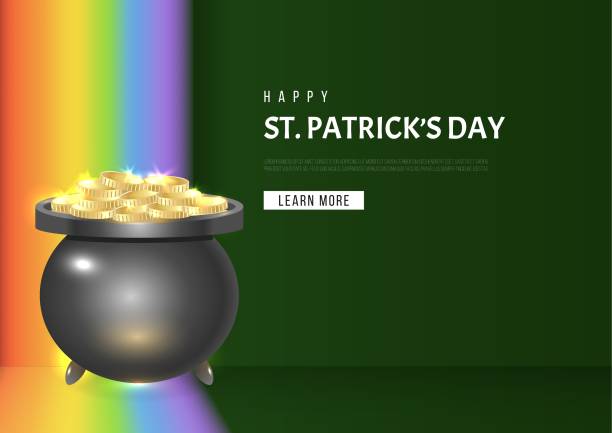 istock Horizontal background Happy St Patricks day with cauldron, golden coins, rainbow on dark green background. Vector illustration for website 2203168002