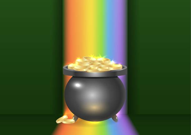 istock Horizontal background Happy Saint Patricks day with cauldron, gold coins, rainbow on dark green background. Vector illustration 2203168011