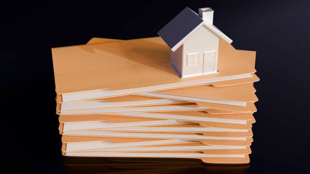 3D rendering of a small, stylized house juxtaposed with a stack of manila file folders