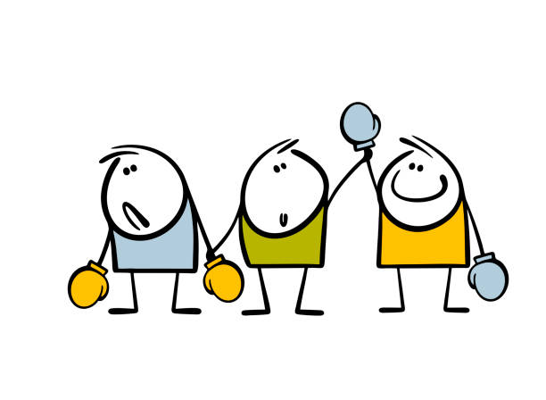 istock Referee and two boxers in the ring after the fight. Vector illustration stickman announced the winner of the competition. Isolated cartoon man on white background. 2203176997