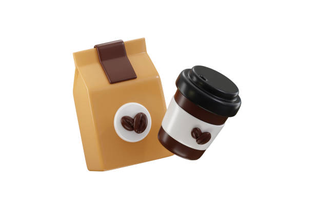 coffee bag with coffee cup icon 3d render concept of milk latte coffee with coffee bin