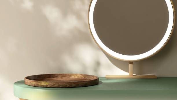 istock Modern, minimal green dressing table, gold steel frame round vanity mirror in dappled sunlight on beige brown wall bedroom for luxury beauty, cosmetic, skincare product background 3D 2203184420
