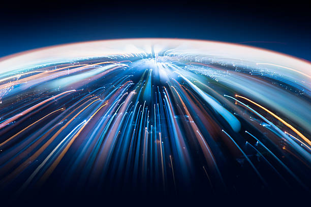 istock Speed lines on Abstract blue planet with glowing stars and dynamic motion design 2203184649