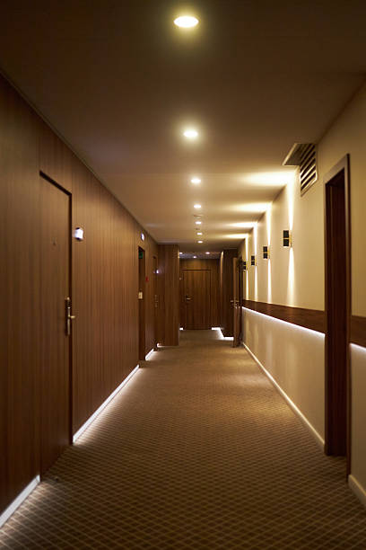 istock Illuminated Hotel Hallway with Modern Wooden Doors 2203186555
