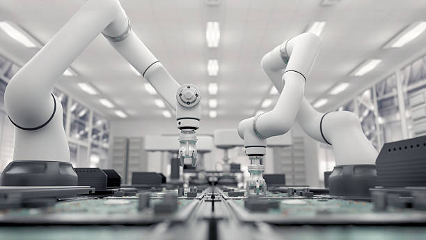 istock Concept future. High Precision Robot Arms. Bright Electronics Factory. Fully Automated Modern PCB Assembly Line. Component Installation circuit Board. Electronic Devices Production Industry. 3d render 2203190437