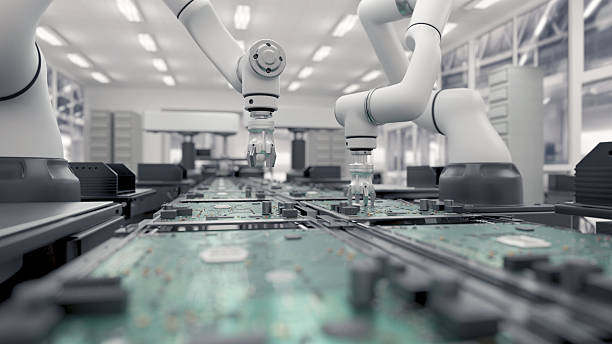 istock Concept future. High Precision Robot Arms. Bright Electronics Factory. Fully Automated Modern PCB Assembly Line. Component Installation circuit Board. Electronic Devices Production Industry. 3d render 2203190560
