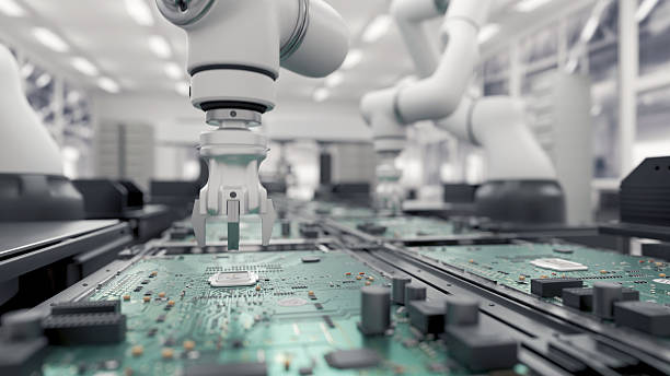 istock Concept future. High Precision Robot Arms. Bright Electronics Factory. Fully Automated Modern PCB Assembly Line. Component Installation circuit Board. Electronic Devices Production Industry. 3d render 2203190570