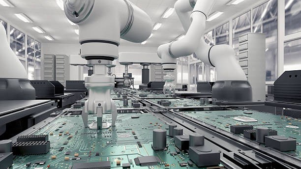 istock Concept future. High Precision Robot Arms. Bright Electronics Factory. Fully Automated Modern PCB Assembly Line. Component Installation circuit Board. Electronic Devices Production Industry. 3d render 2203190670