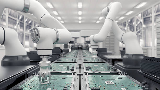 istock Concept future. High Precision Robot Arms. Bright Electronics Factory. Fully Automated Modern PCB Assembly Line. Component Installation circuit Board. Electronic Devices Production Industry. 3d render 2203190738