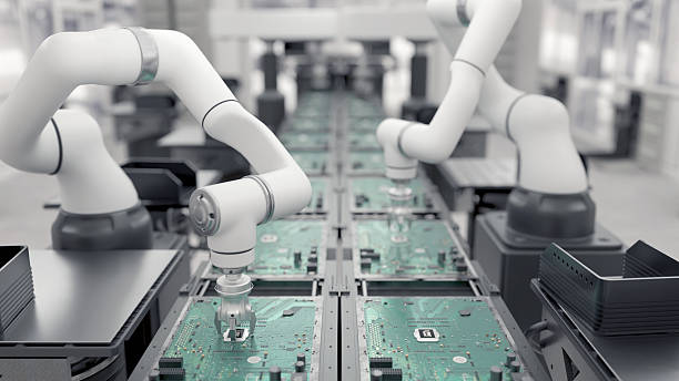 istock Concept future. High Precision Robot Arms. Bright Electronics Factory. Fully Automated Modern PCB Assembly Line. Component Installation circuit Board. Electronic Devices Production Industry. 3d render 2203190921