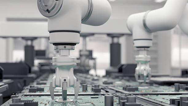 istock Concept future. High Precision Robot Arms. Bright Electronics Factory. Fully Automated Modern PCB Assembly Line. Component Installation circuit Board. Electronic Devices Production Industry. 3d render 2203191053