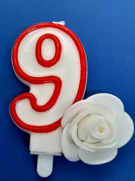 istock Number 9 birthday candle with white flower 2203195133