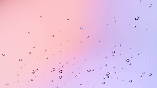 Droplets hover gracefully against a pastel pink and purple gradient background, creating a tranquil and serene ambiance typical of a peaceful morning setting. 3d render