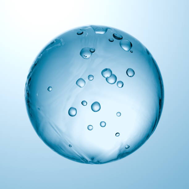 clear blue sphere floats in a serene setting, adorned with delicate droplets of water. soft glow enhances its tranquil beauty, bringing a sense of calm to the viewer. 3d render