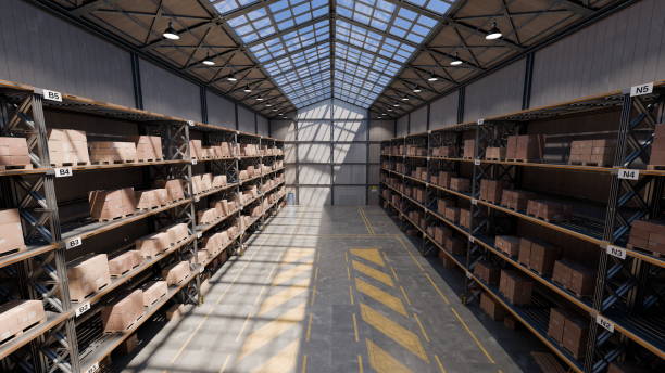 istock Inside a spacious warehouse, tall shelves are lined with neatly stacked cardboard boxes. Bright sunlight floods area, highlighting the organized layout and creating. 3d renderpatterns on the ground 2203197131
