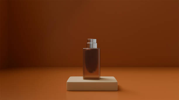 istock 3d model of blue empty perfume bottle without cap on orange background in the light, perfume 2203197360