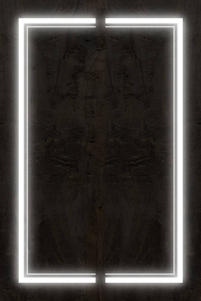 istock Dark wood wall background, white neon light and rectangle shape with vertical banner. 2203197783