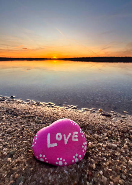istock sunset on the beach in spring season with a pink love stone 2203203582
