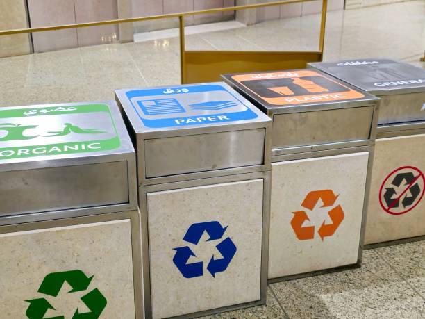 istock Translation of Arabic text (Organic, plastic, paper, general) metal trash bin for different garbage, Separation and sorting of rubbish 2203210060