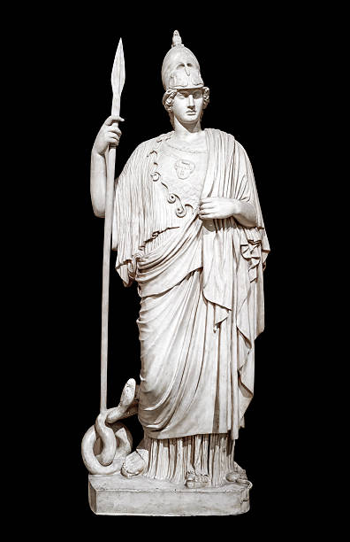 istock Statue sculpture of greco roman warrior with spear in helmet isolate background. 2203211851