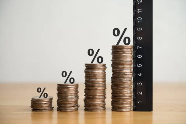 istock Growth stack coins chart with percent sign and measure ruler. 2203211899