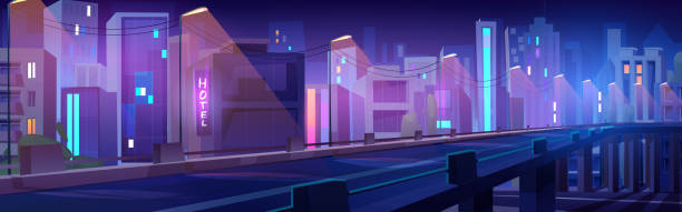 istock Cartoon night cityscape of highway bridge 2203214792